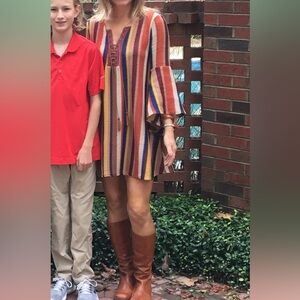 Vintage Free People Aztec Boho Striped Mini Swing Dress Bell Sleeves Lace S M